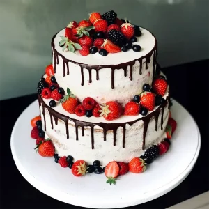 Zweistöckige Geburtstagstorte „Berry Drip“ mit frischen Beeren und Schokoladen-Drip – handgefertigt von Cake Artist Berlin