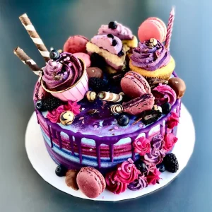 Geburtstagstorte „Purple“ mit Cupcakes, Macarons und Beeren – handgefertigt von Cake Artist Berlin